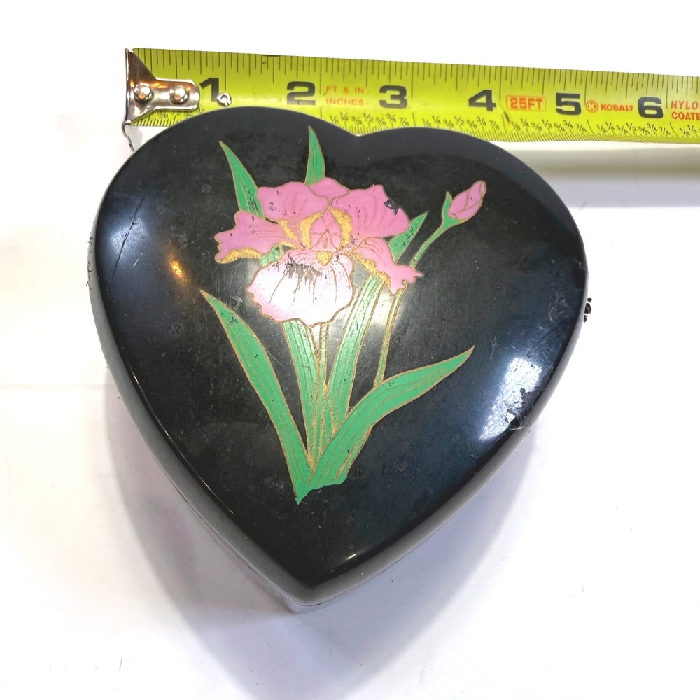 Vintage Heart Nesting Trinket Boxes Black Floral Iris 3 Piece Set Jewelry Box